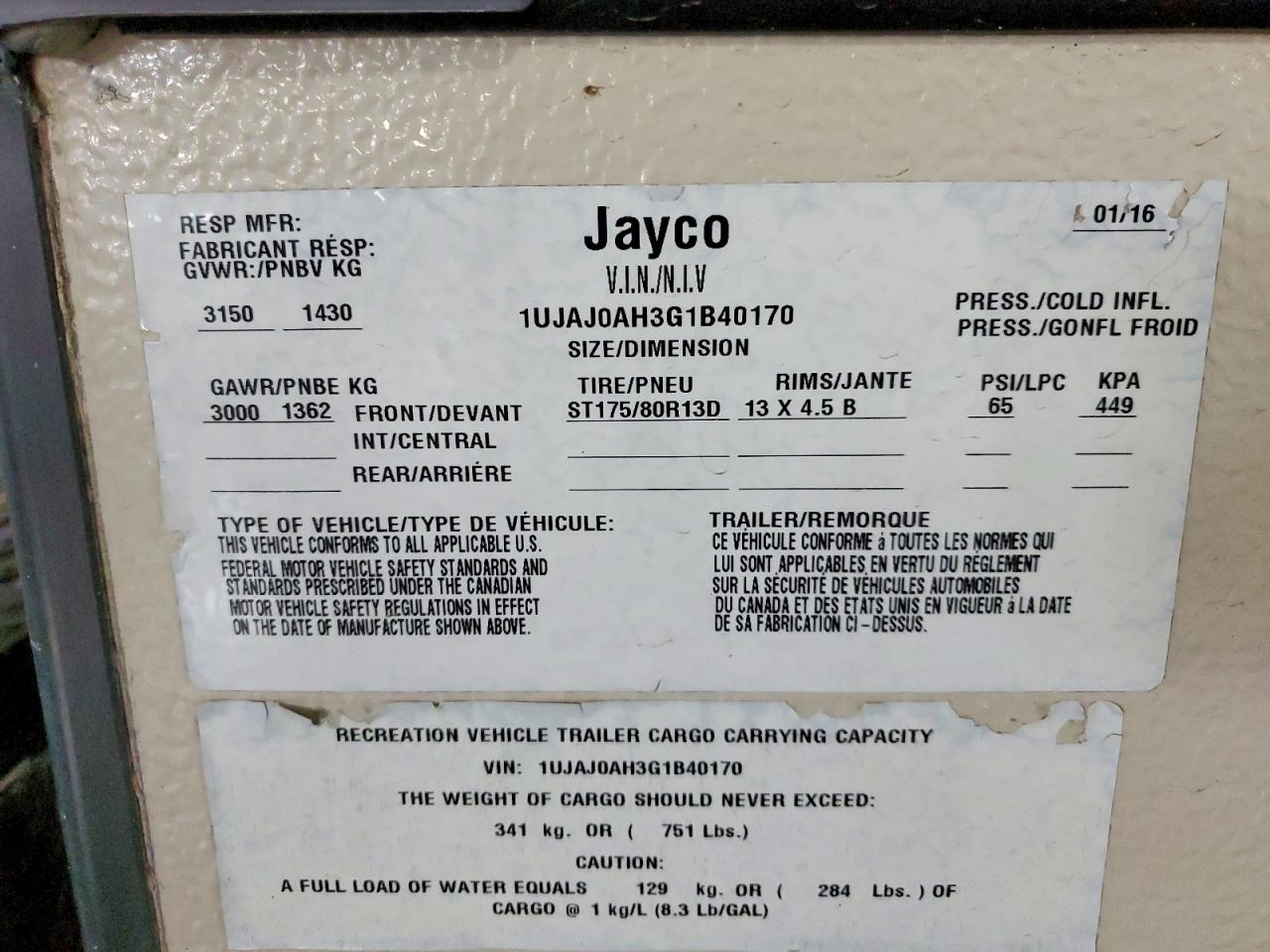 2016 JAYCO All models VIN 1UJAJ0AH3G1B40170 photo 10