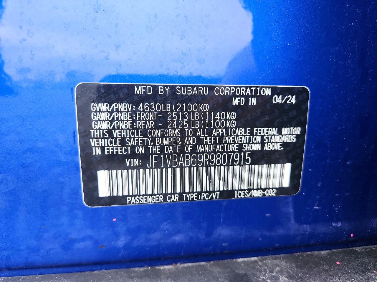 2024 Subaru Wrx VIN JF1VBAB69R9807915 photo 12