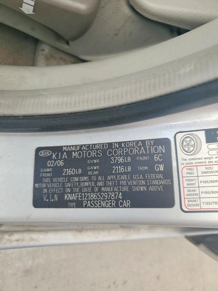 2006 KIA Spectra VIN KNAFE121865297874 photo 12