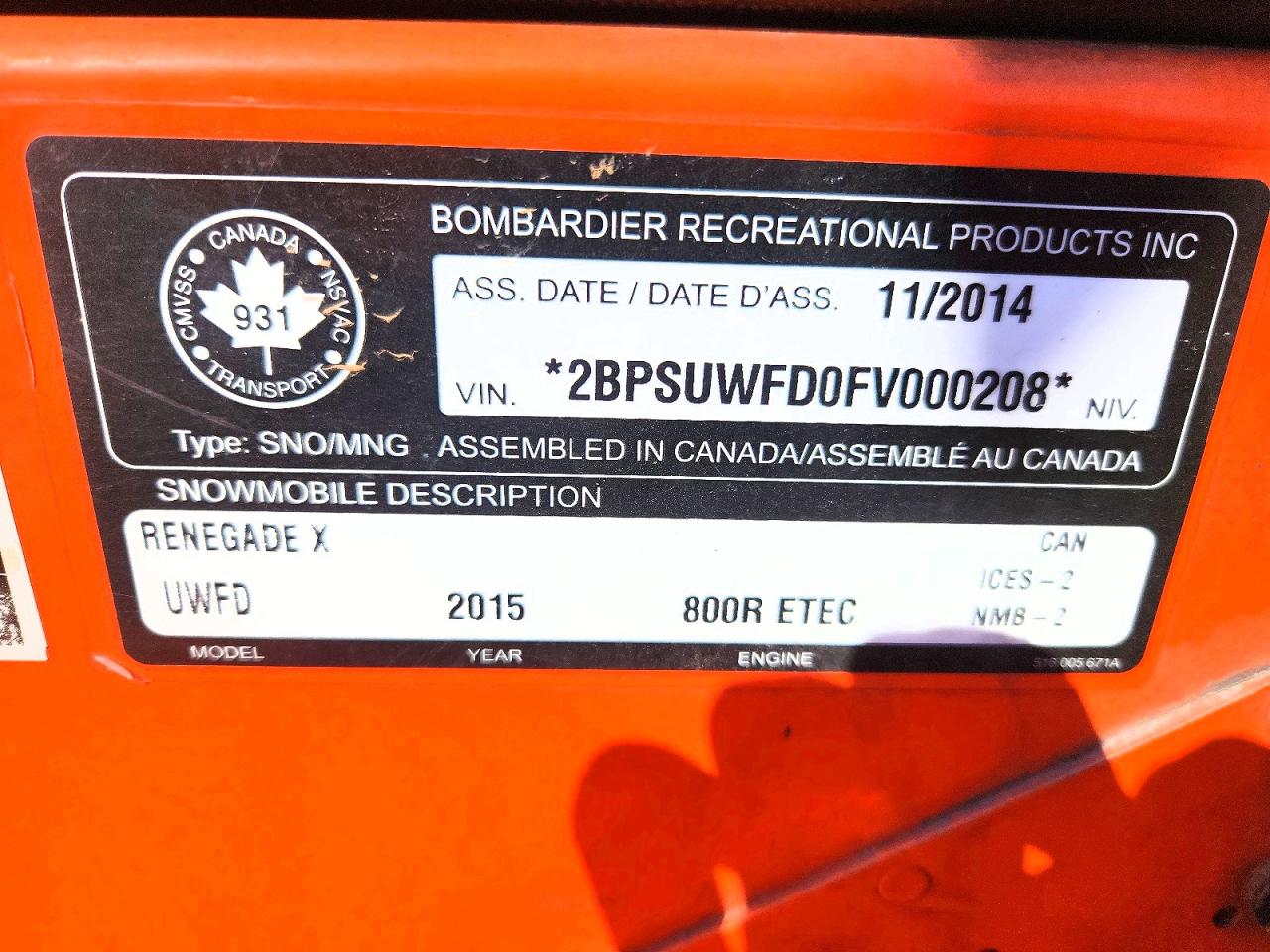 2015 SKID Renegade x VIN 2BPSUWFD0FV000208 photo 10