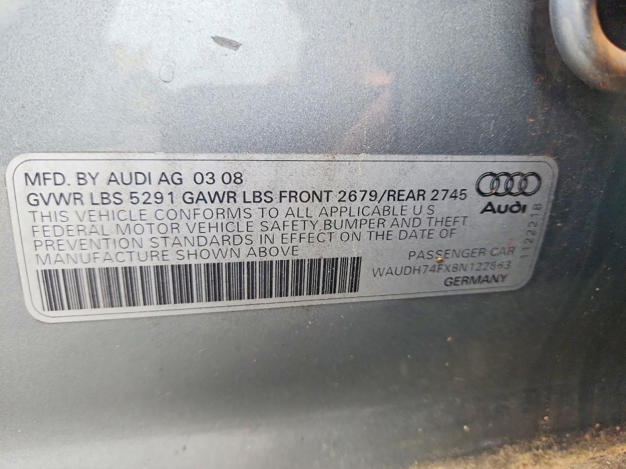 2008 Audi A6 VIN WAUDH74FX8N122863 photo 12