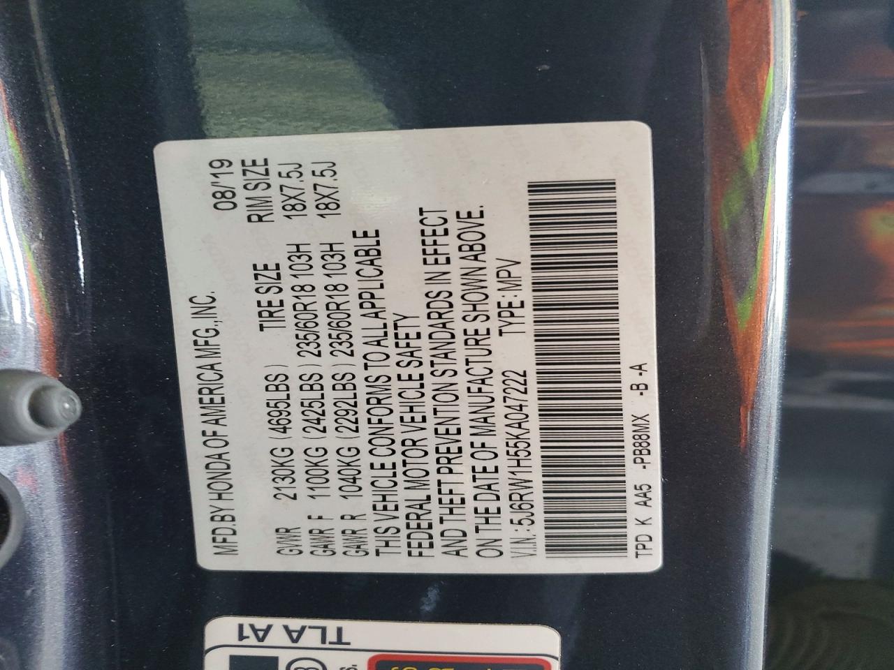 2019 Honda Crv VIN 5J6RW1H55KA047222 photo 12