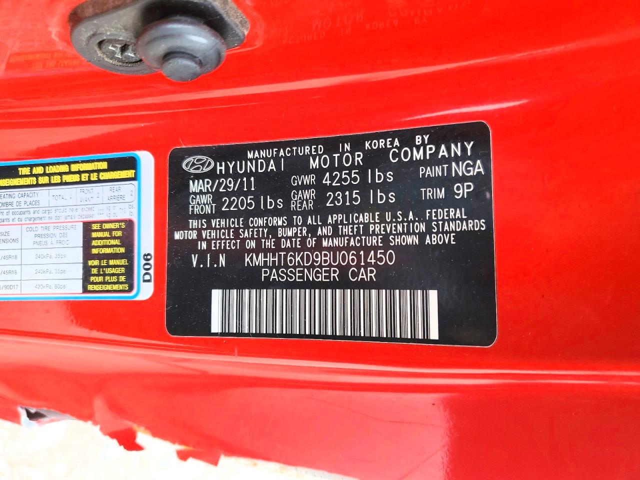 2011 Hyundai Genesis VIN KMHHT6KD9BU061450 photo 12