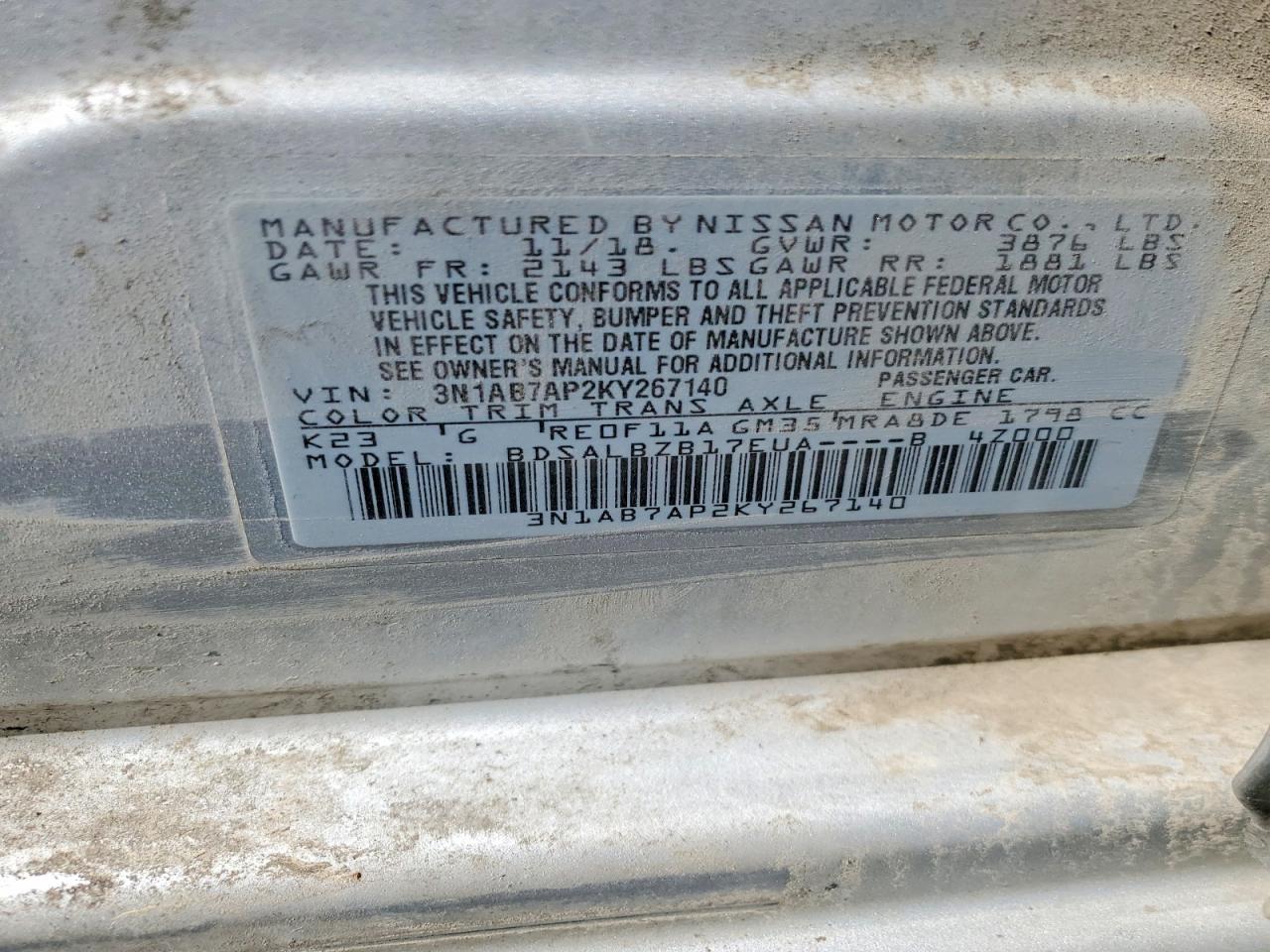 2019 NISS Sentra VIN 3N1AB7AP2KY267140 photo 12