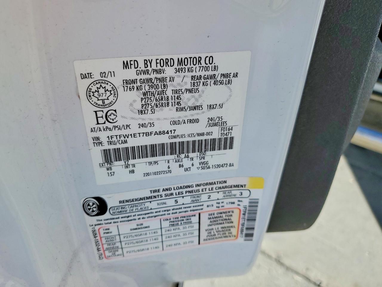 2011 FORD F150 VIN 1FTFW1ET7BFA88417 photo 12