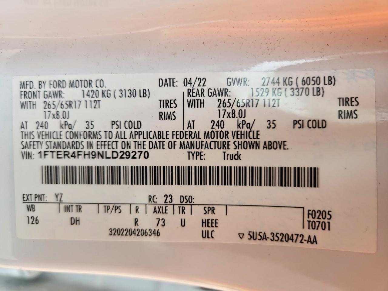 2022 FORD Ranger VIN 1FTER4FH9NLD29270 photo 12