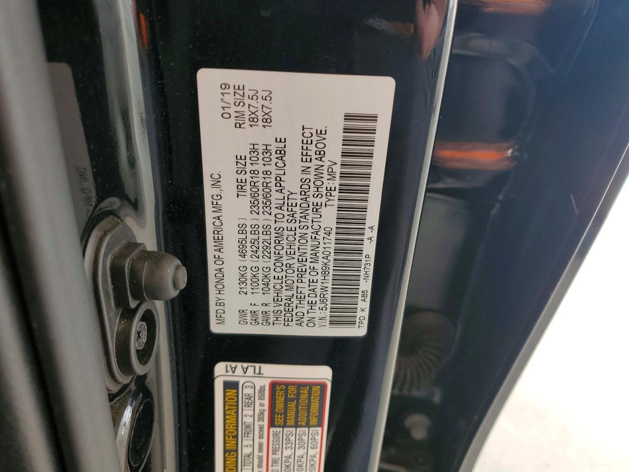 2019 Honda Crv VIN 5J6RW1H89KA011740 photo 12