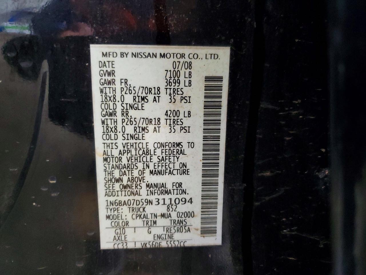 2009 NISS Titan VIN 1N6BA07D59N311094 photo 12