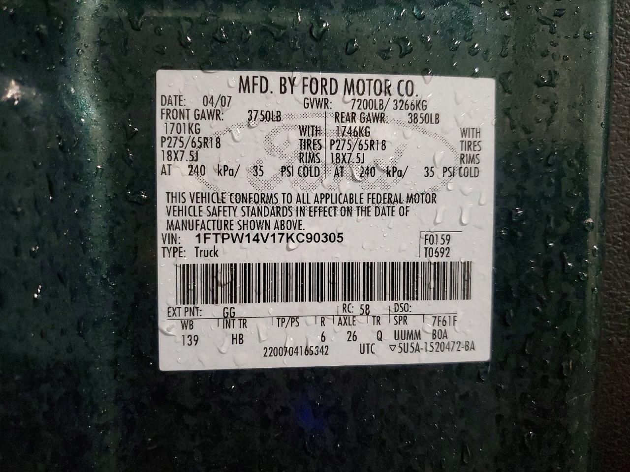 2007 Ford F150 VIN 1FTPW14V17KC90305 photo 12