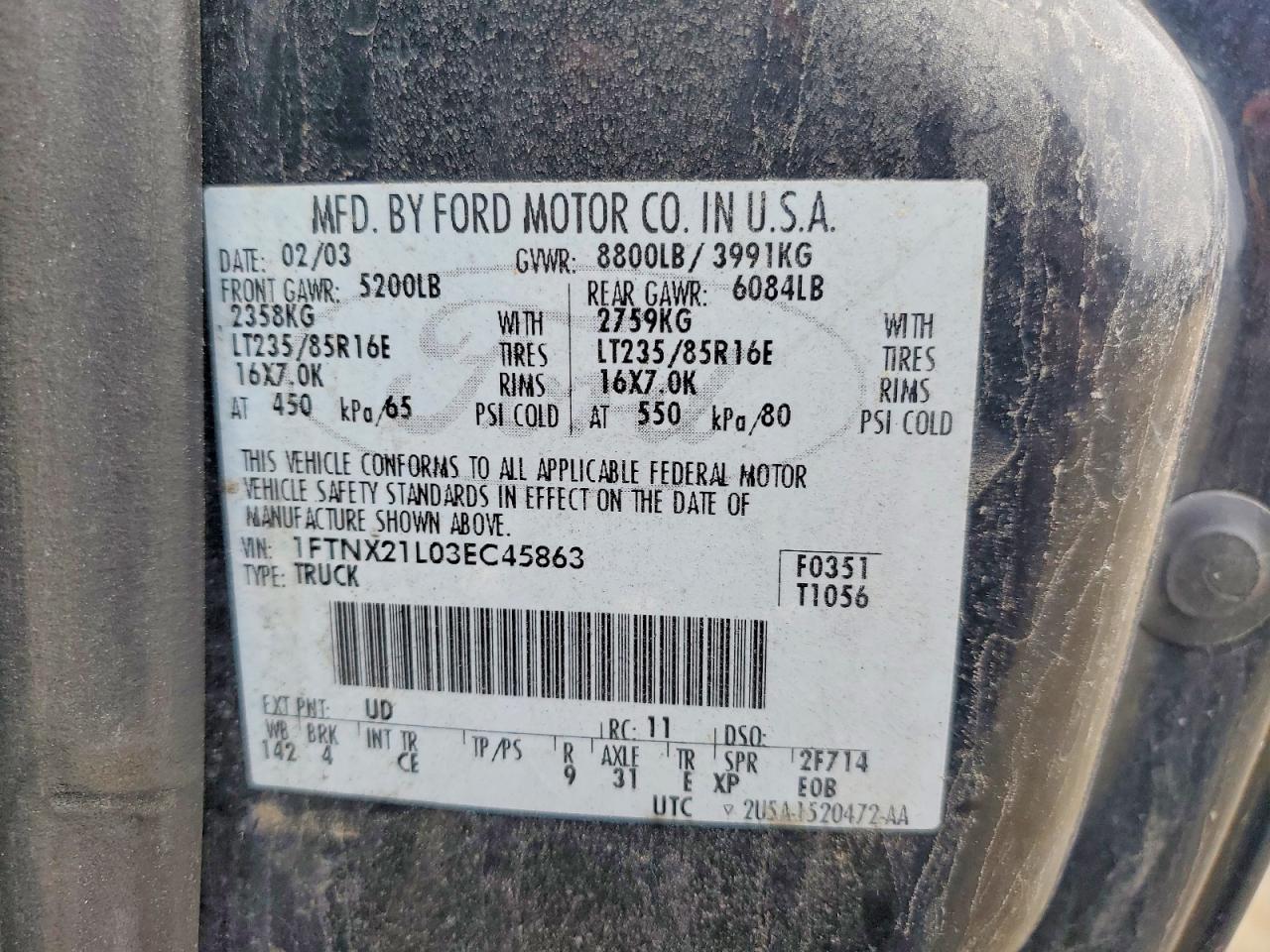 2003 Ford F250 VIN 1FTNX21L03EC45863 photo 12