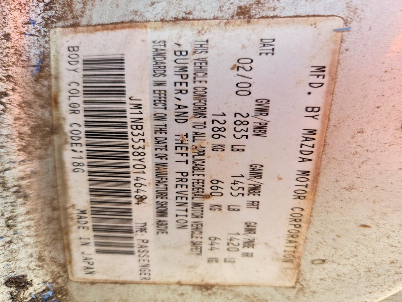 2000 Mazda Mx5 VIN JM1NB3538Y0146484 photo 12