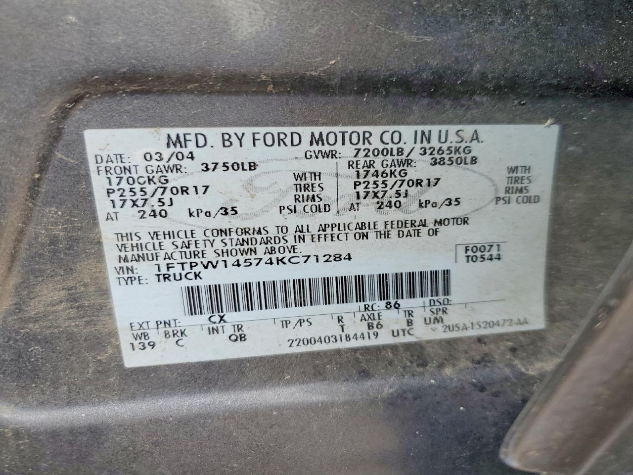 2004 FORD F150 VIN 1FTPW14574KC71284 photo 12