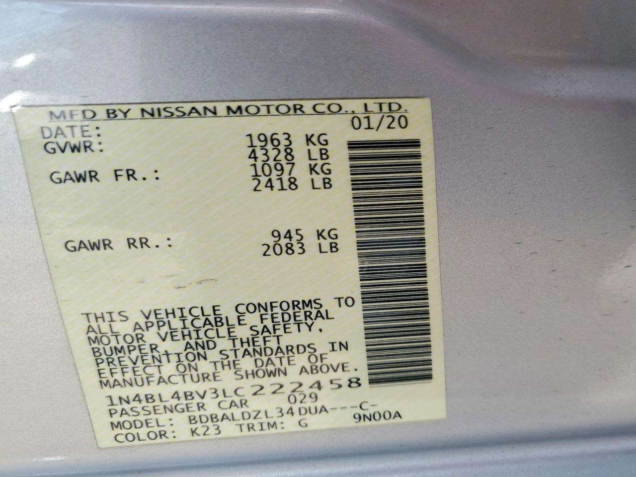 2020 Nissan Altima VIN 1N4BL4BV3LC222458 photo 12