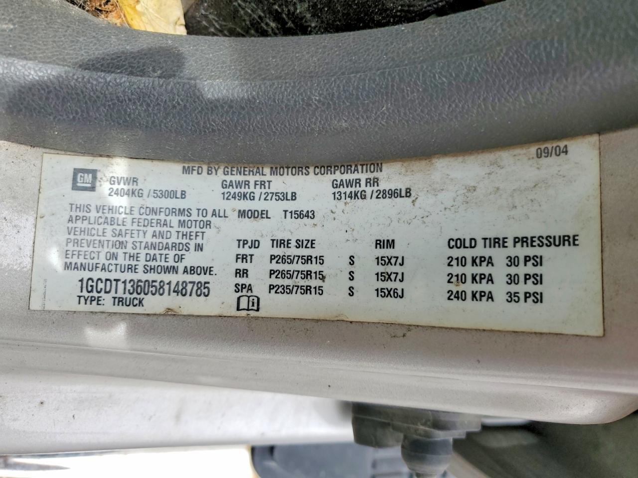 2005 CHEV Colorado VIN 1GCDT136058148785 photo 12
