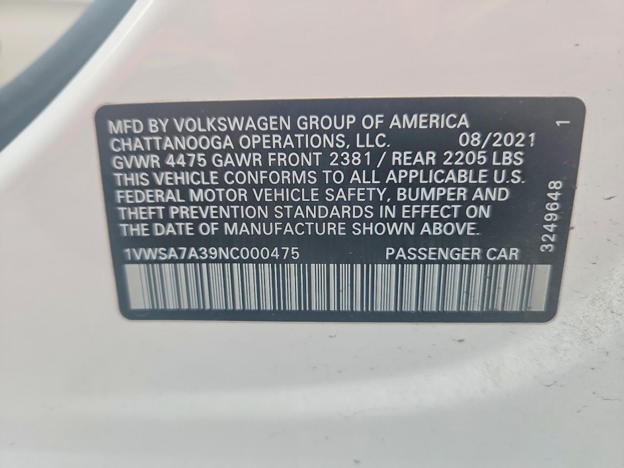 2022 Volkswagen Passat VIN 1VWSA7A39NC000475 photo 12