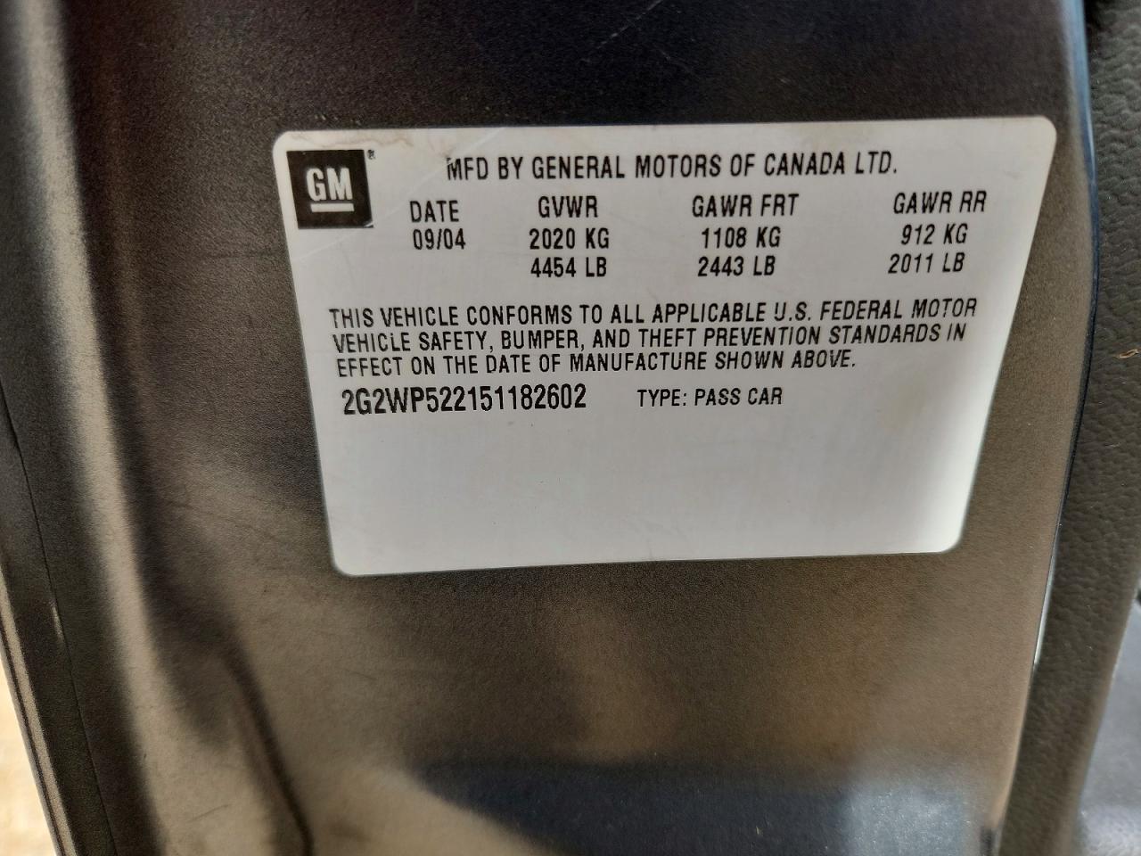 2005 Pontiac Grandprix VIN 2G2WP522151182602 photo 12