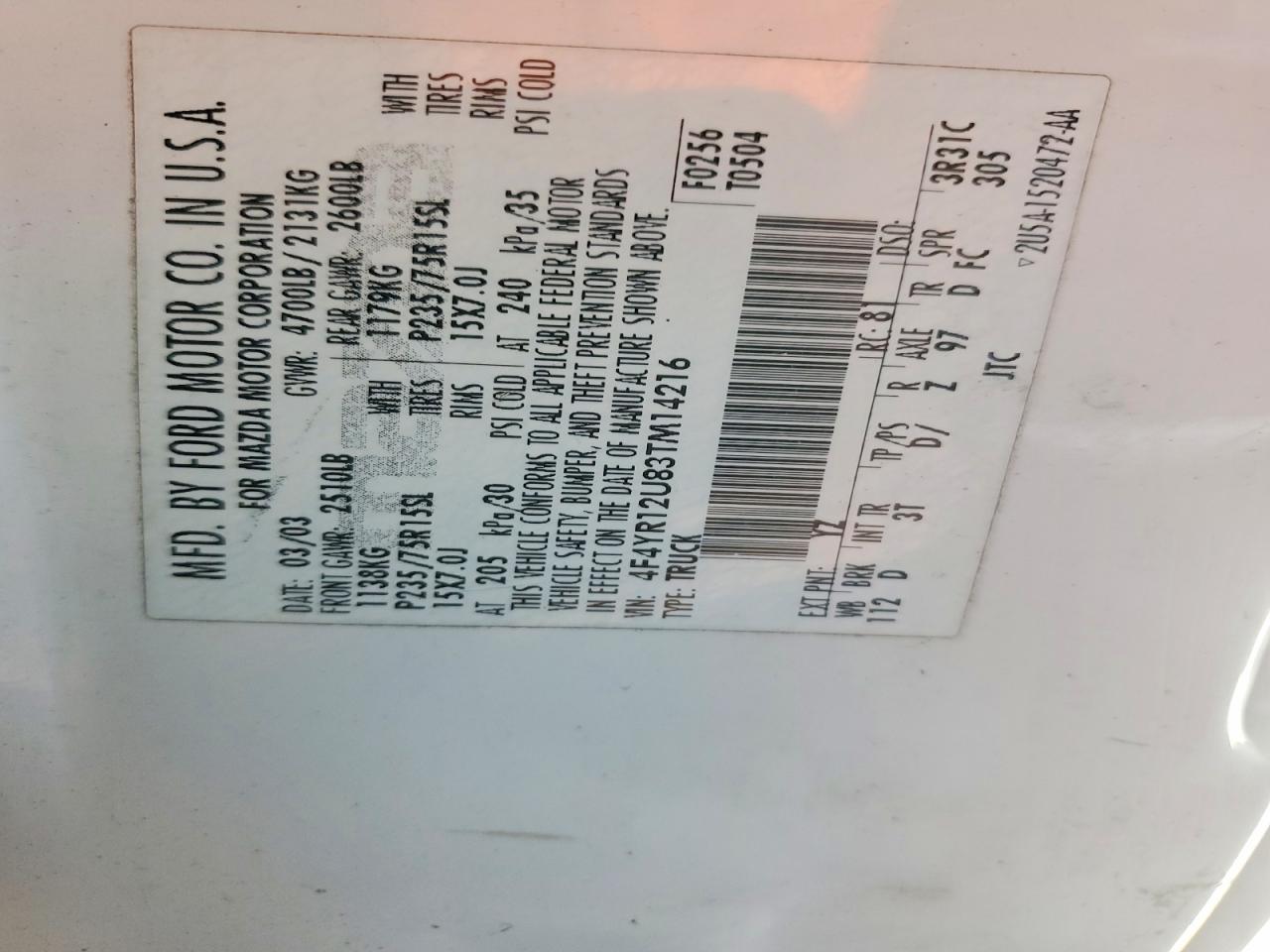 2003 Mazda B3000 VIN 4F4YR12U83TM14216 photo 12