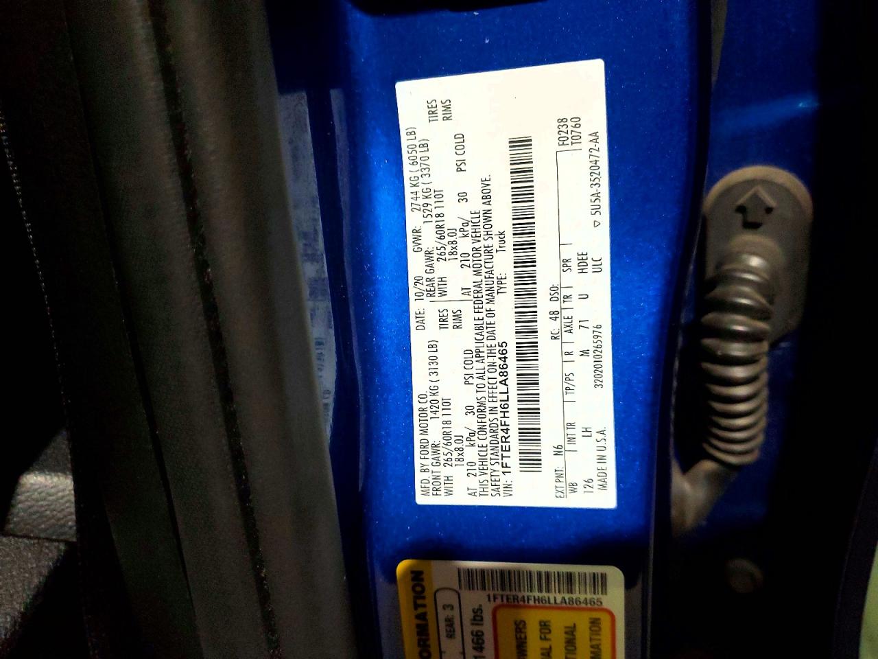 2020 FORD Ranger VIN 1FTER4FH6LLA86465 photo 12