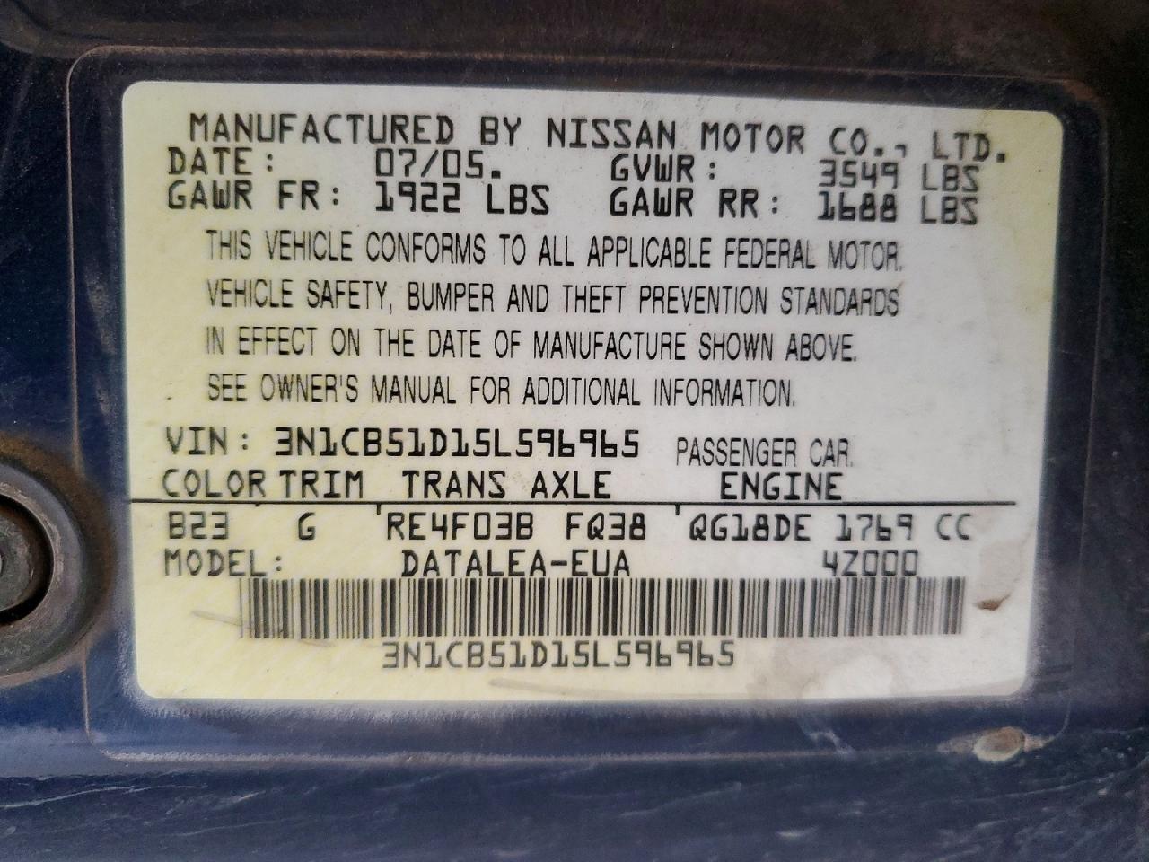 2005 Nissan Sentra VIN 3N1CB51D15L596965 photo 12