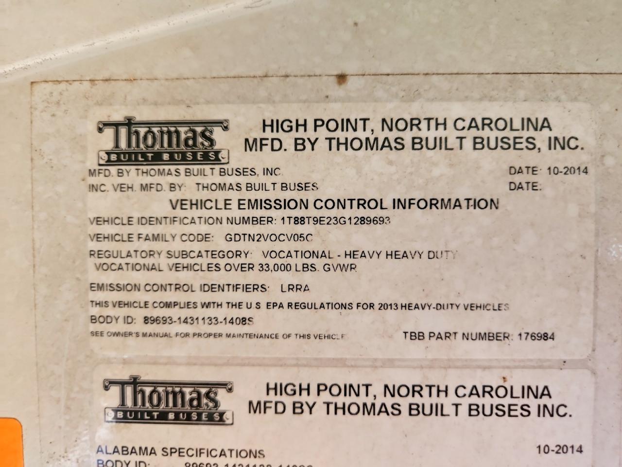 2016 THOMAS All models VIN 1T88T9E23G1289693 photo 10