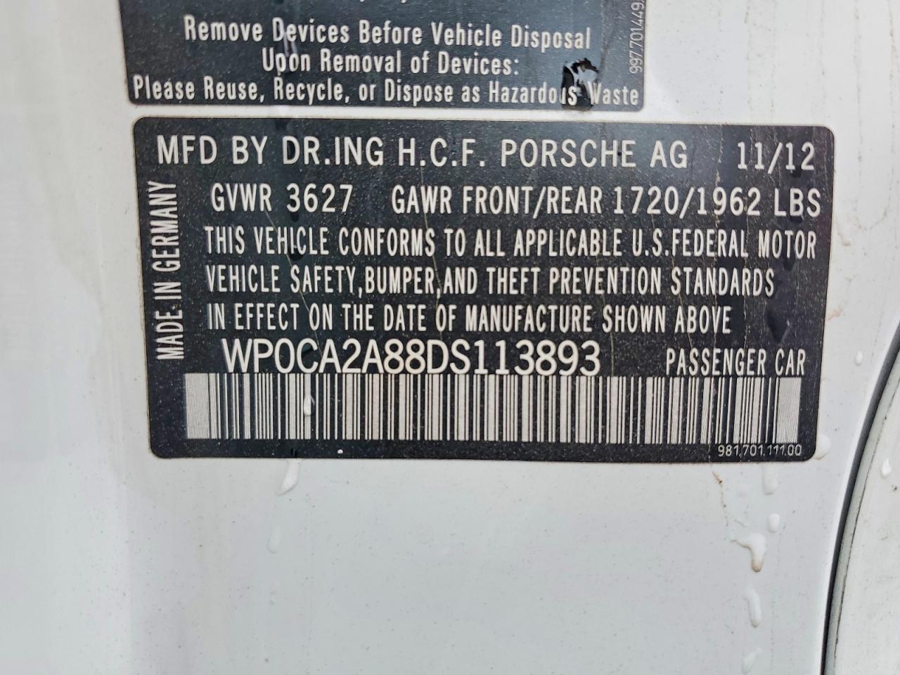 2013 Porsche Boxster VIN WP0CA2A88DS113893 photo 12