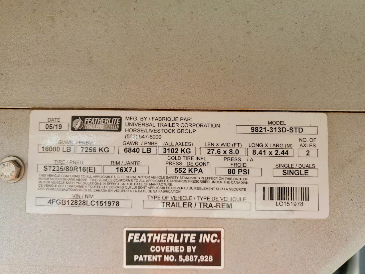 2020 FEATHERLITE 28' horse VIN 4FGB12828LC151978 photo 10
