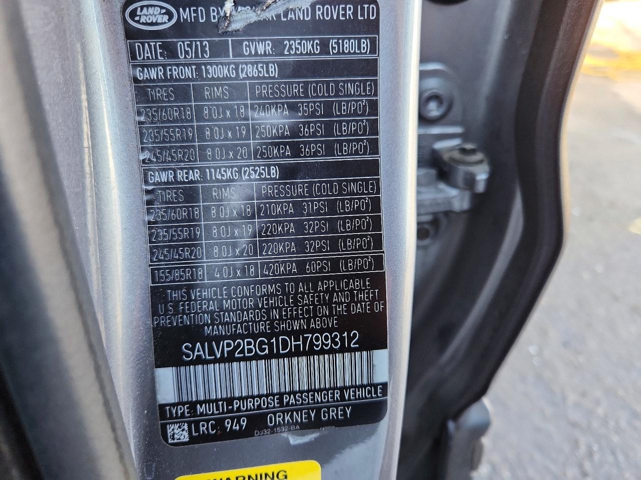 2013 LAND Rangerover VIN SALVP2BG1DH799312 photo 12