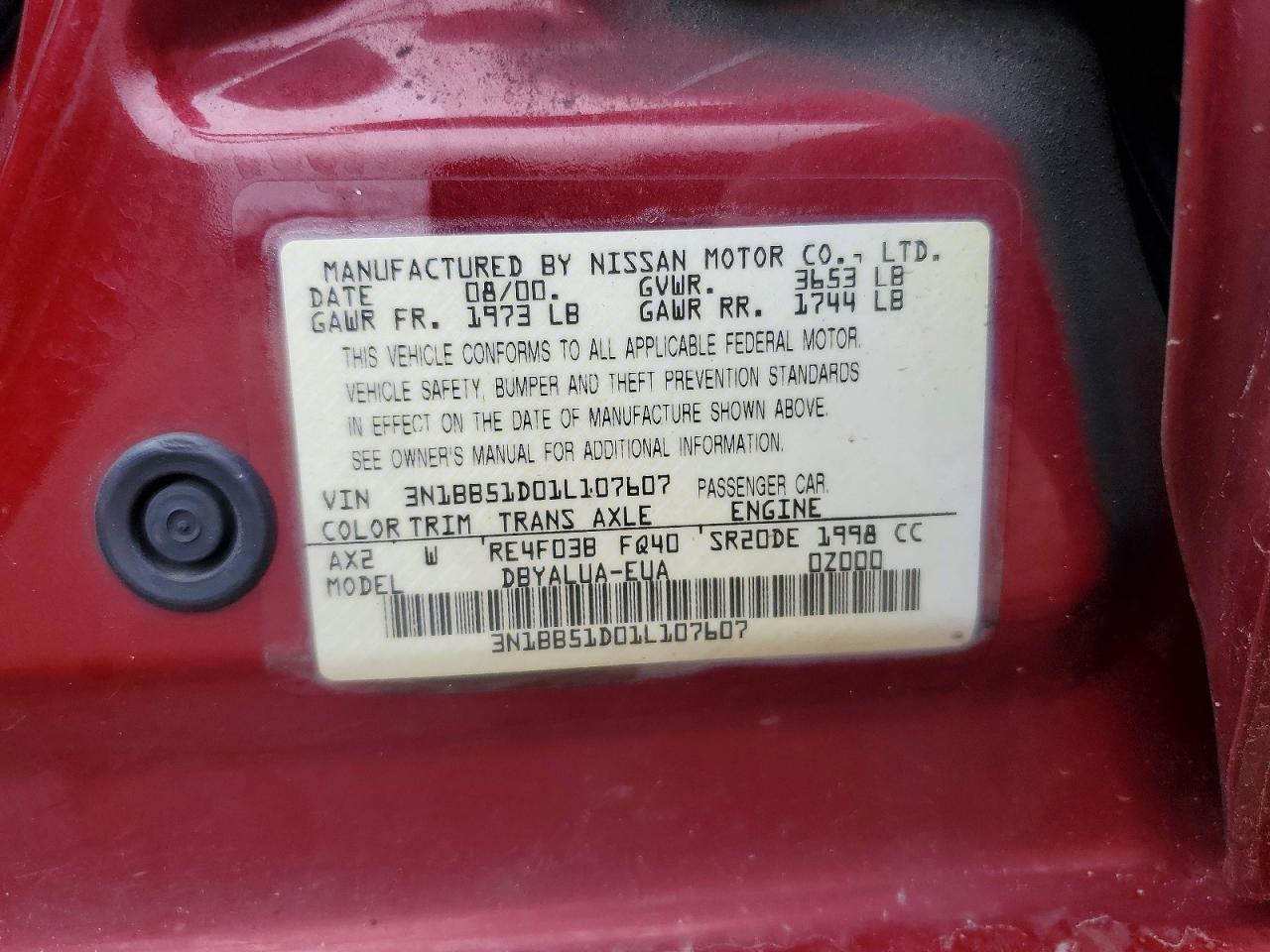 2001 Nissan Sentra VIN 3N1BB51D01L107607 photo 12