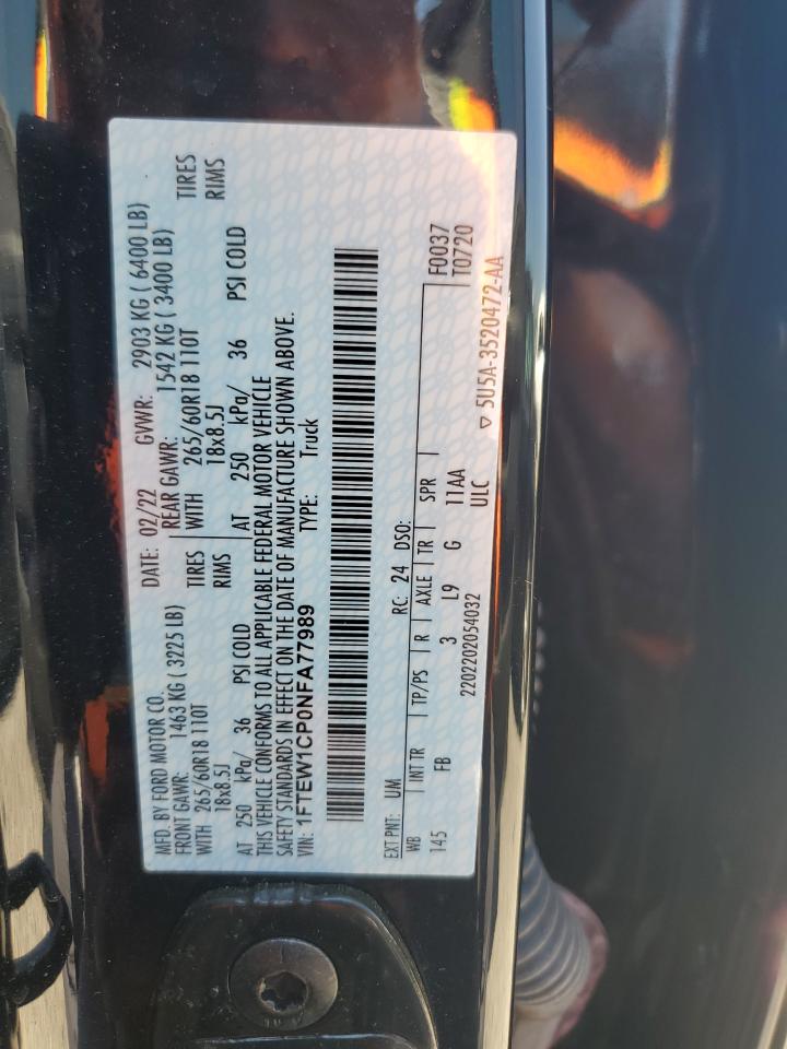 2022 Ford F150 VIN 1FTEW1CP0NFA77989 photo 12