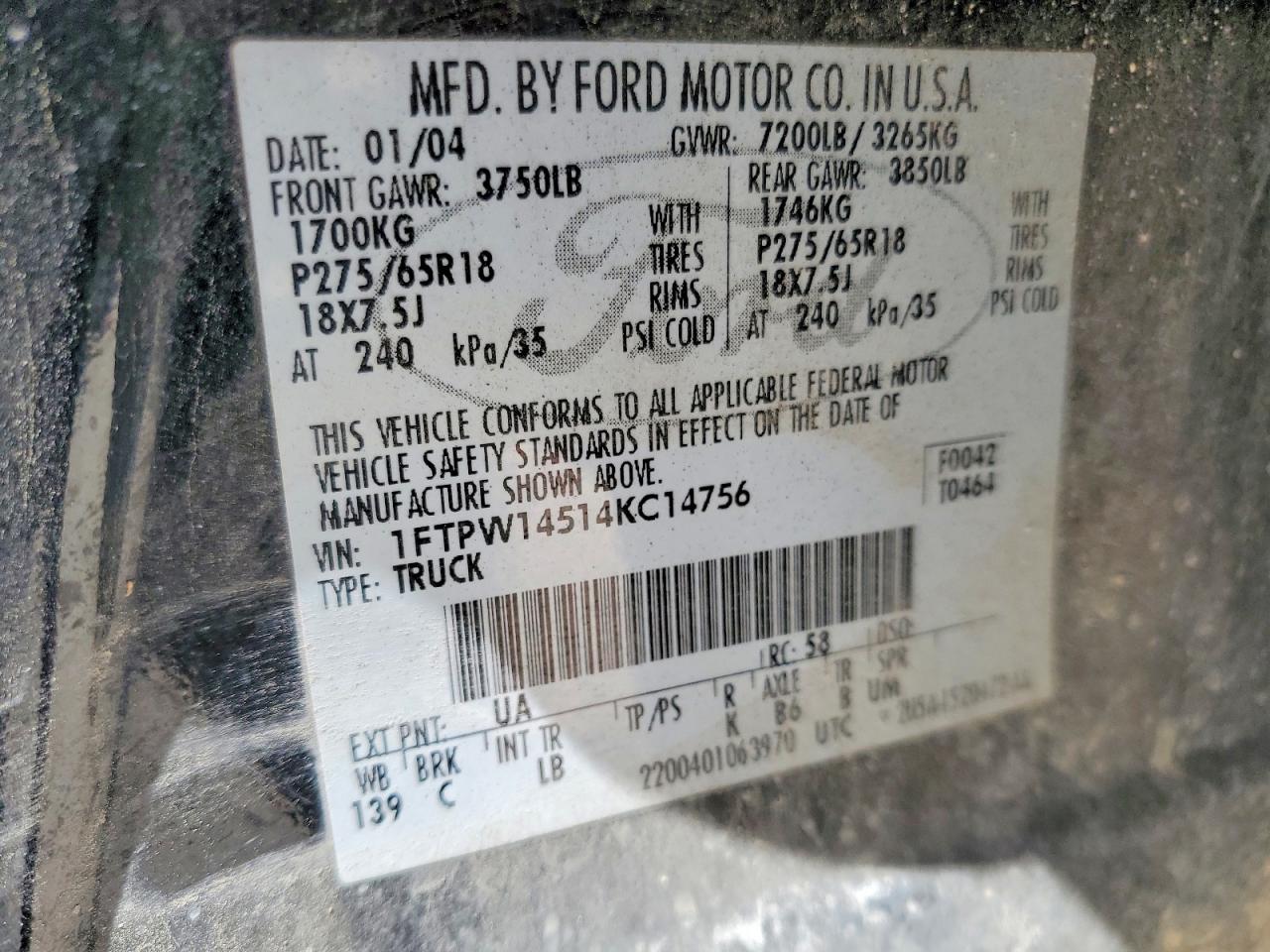 2004 Ford F150 VIN 1FTPW14514KC14756 photo 12