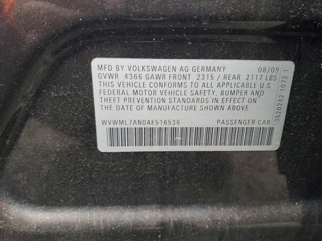 2010 VOLKSWAGEN Cc VIN WVWML7AN0AE516536 photo 12