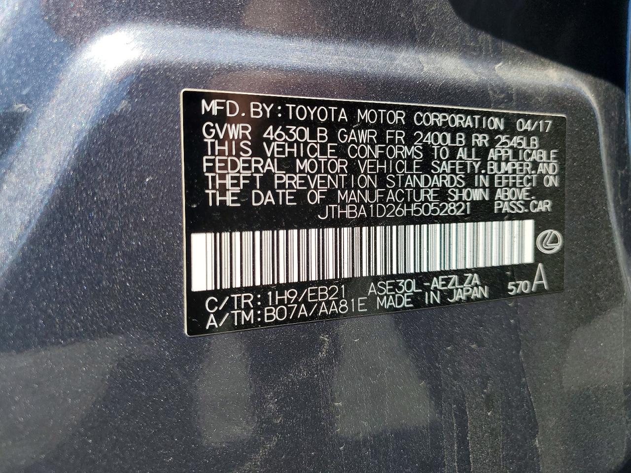 2017 Lexus Is VIN JTHBA1D26H5052821 photo 12