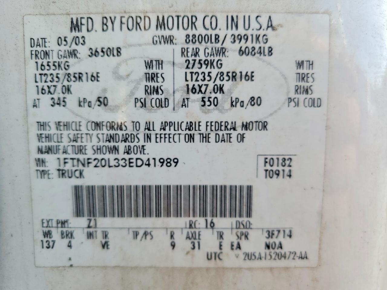 2003 FORD F250 VIN 1FTNF20L33ED41989 photo 12