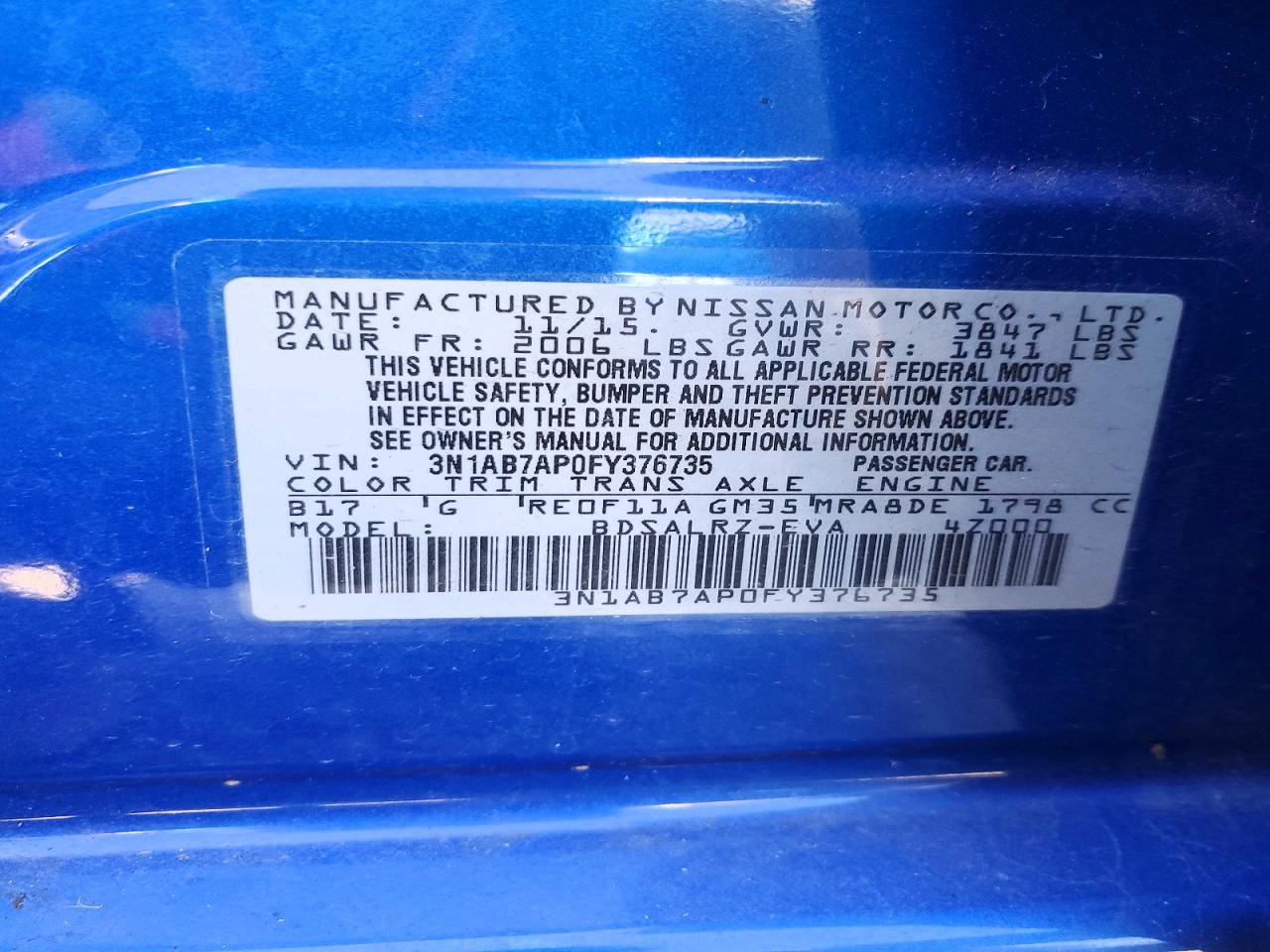 2015 NISS Sentra VIN 3N1AB7AP0FY376735 photo 12