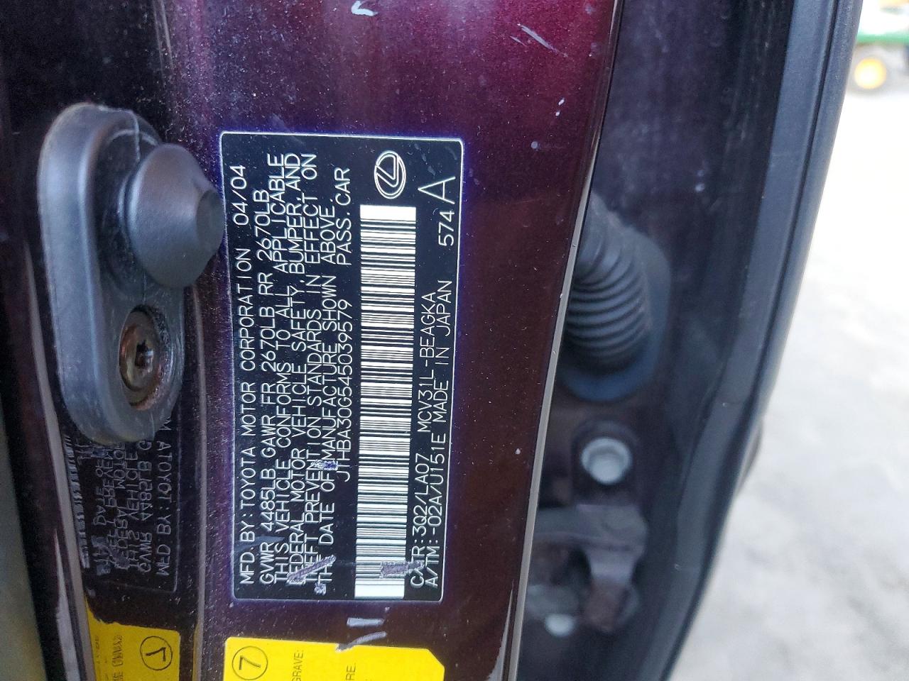 2004 LEXUS Es330 VIN JTHBA30G545039579 photo 12