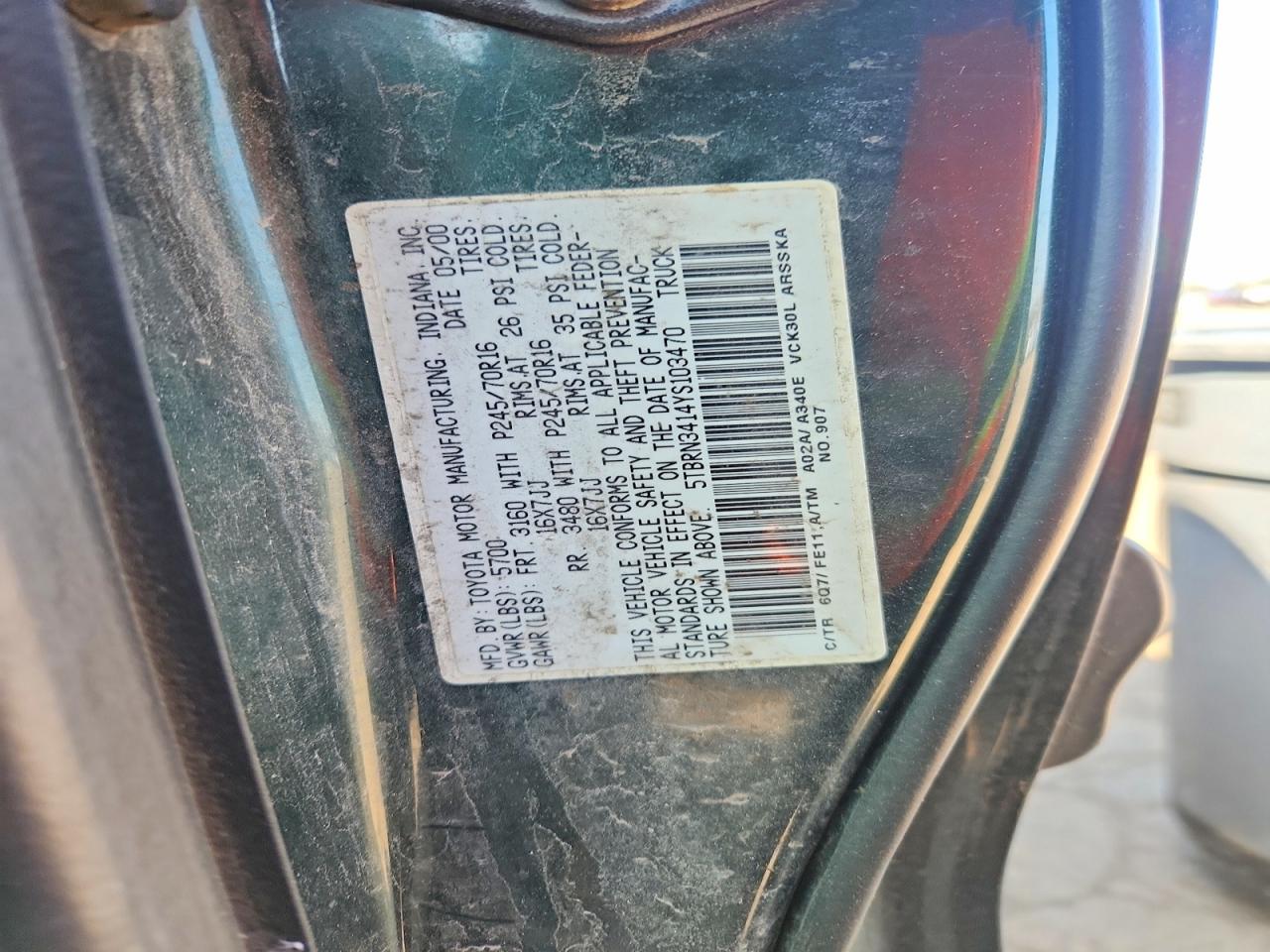 2000 Toyota Tundra VIN 5TBRN3414YS103470 photo 12