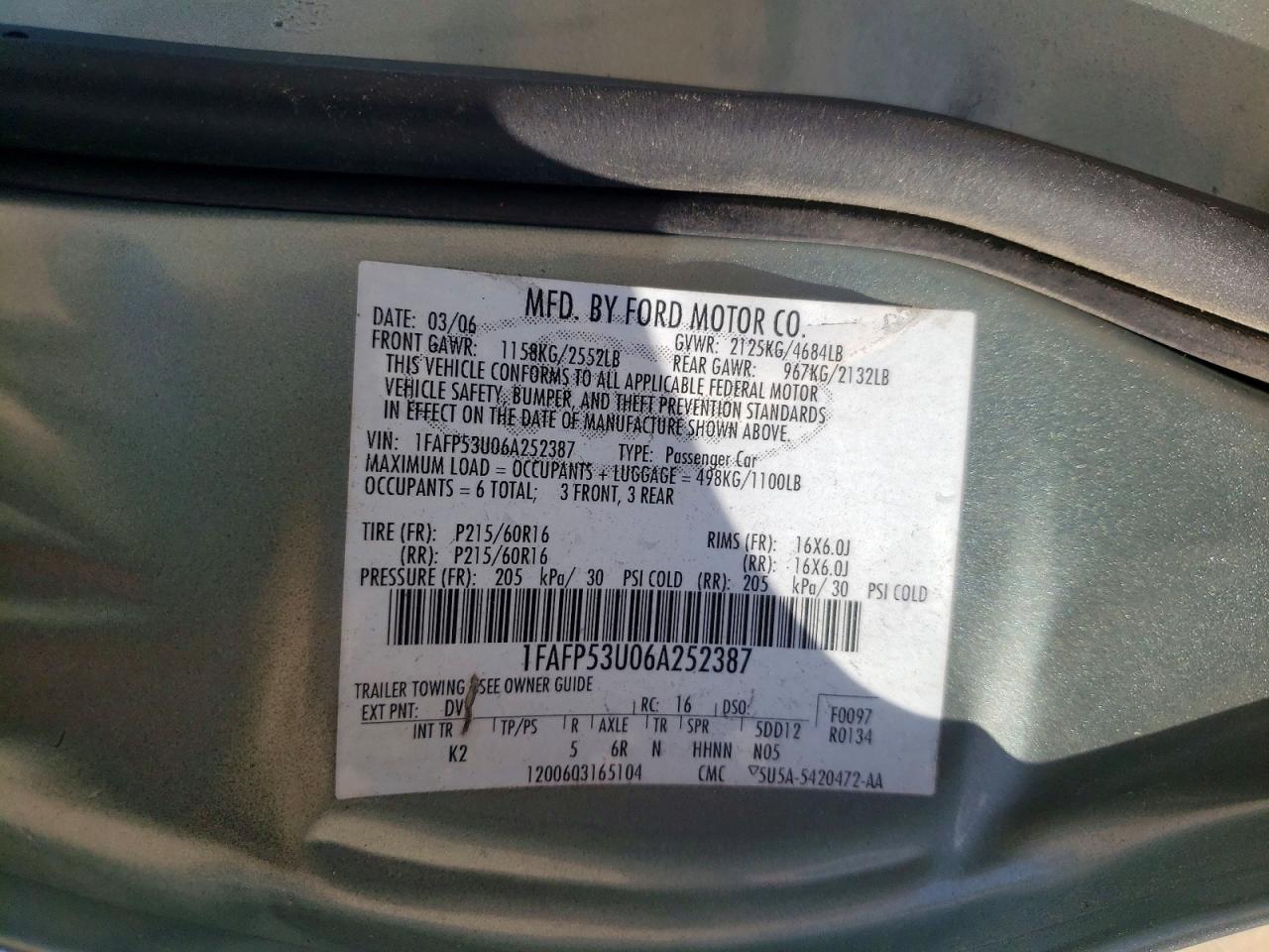 2006 Ford Taurus VIN 1FAFP53U06A252387 photo 12