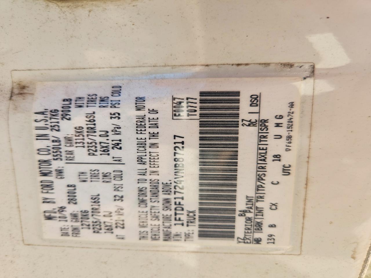 1997 FORD F150 VIN 1FTDF1724VNB87217 photo 12