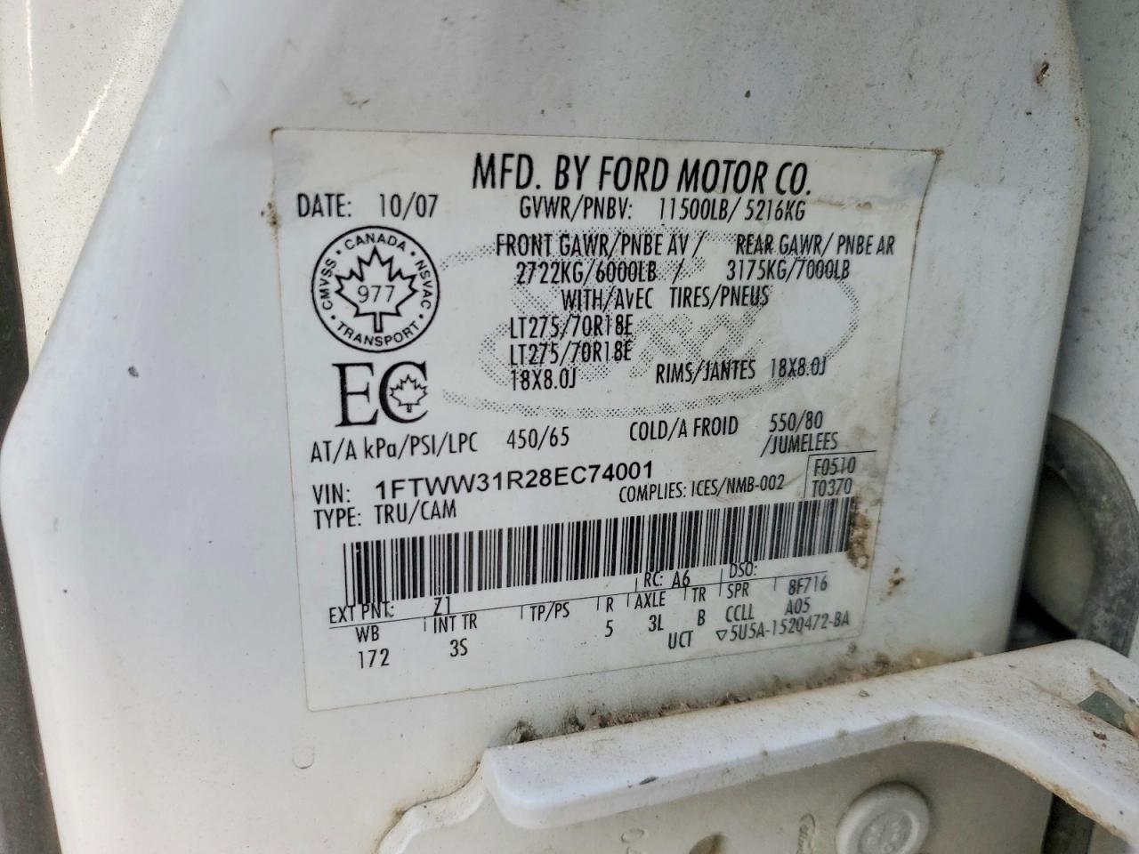 2008 Ford F350 VIN 1FTWW31R28EC74001 photo 12
