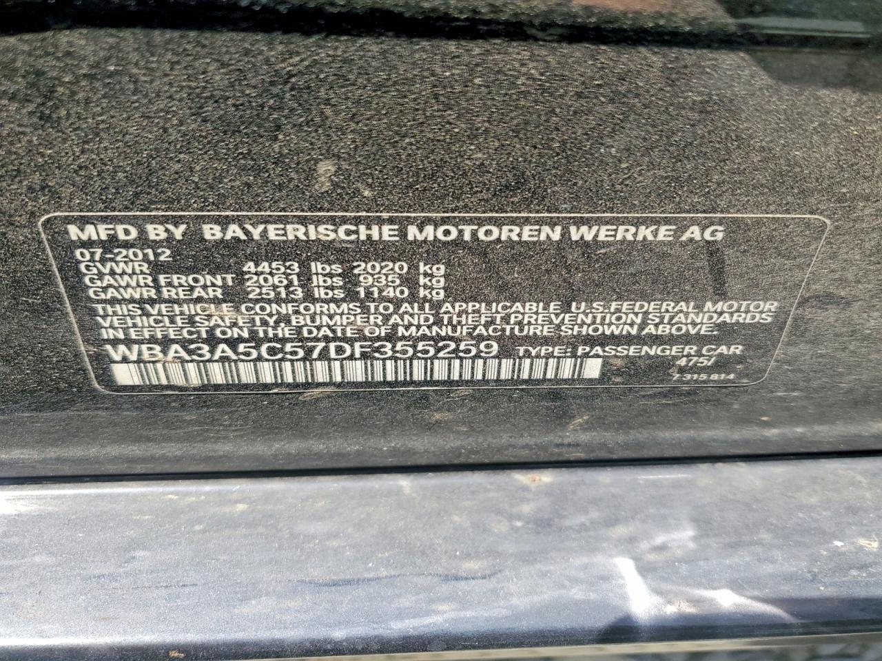 2013 BMW 3 series VIN WBA3A5C57DF355259 photo 12