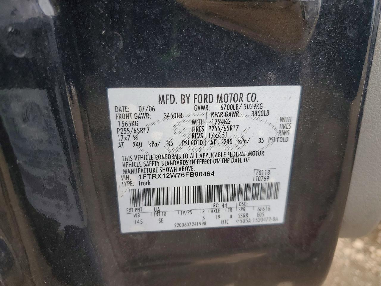 2006 Ford F150 VIN 1FTRX12W76FB80464 photo 12