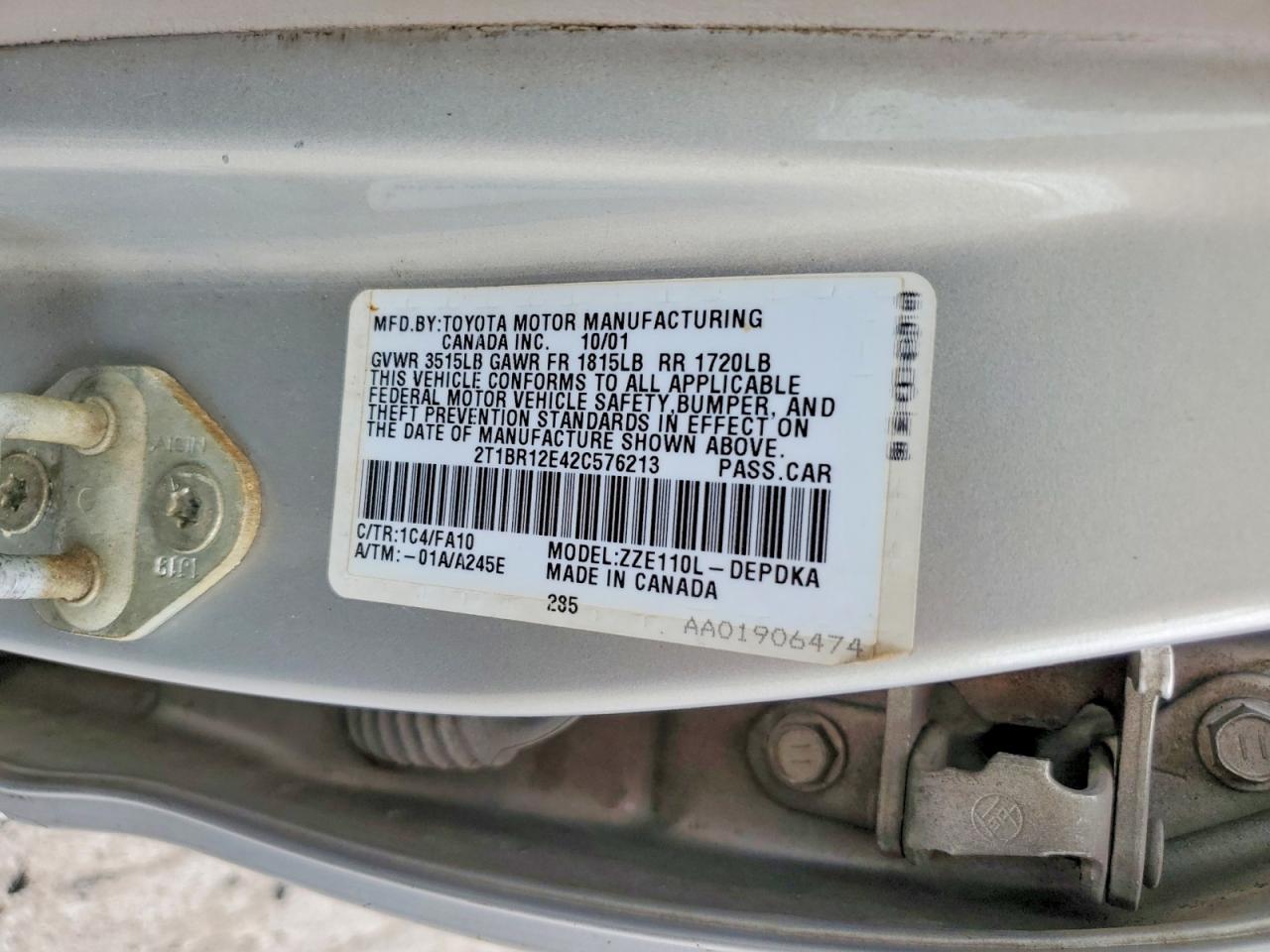 2002 Toyota Corolla VIN 2T1BR12E42C576213 photo 12