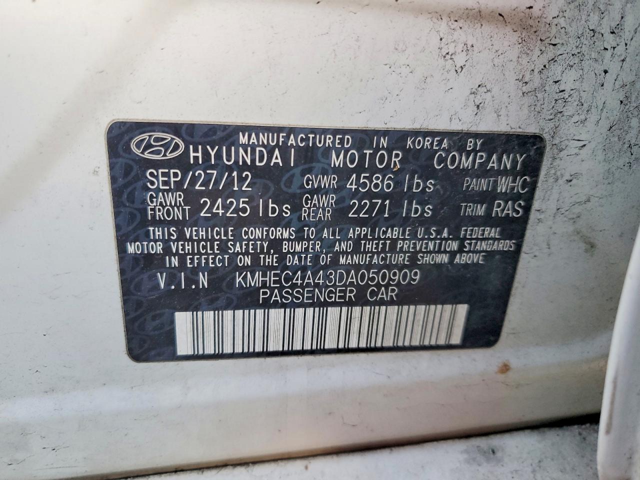 2013 HYUNDAI Sonata VIN KMHEC4A43DA050909 photo 12