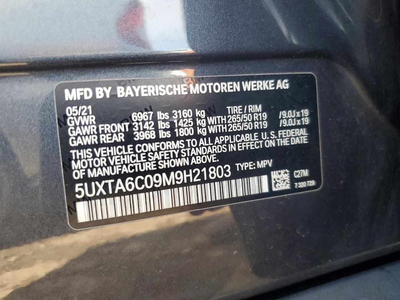 2021 BMW X5 VIN 5UXTA6C09M9H21803 photo 12