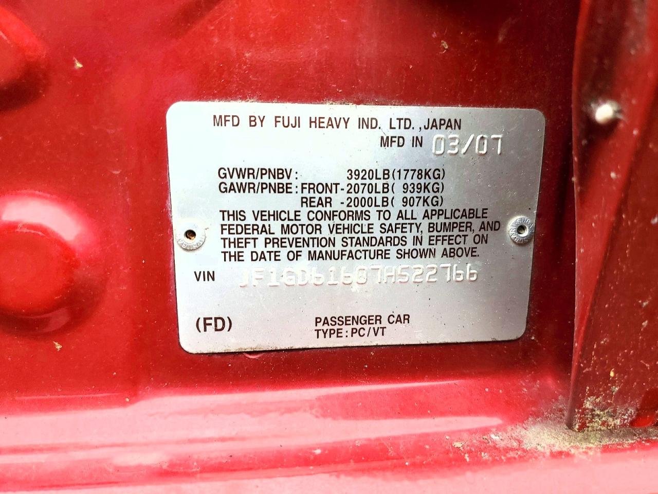 2007 Subaru Impreza VIN JF1GD61607H522766 photo 12