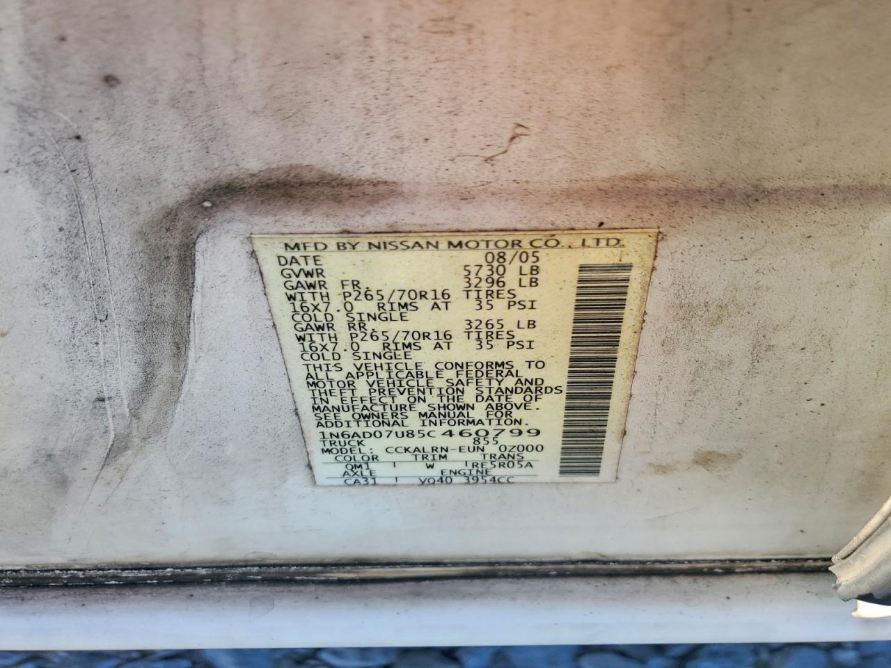 2005 Nissan Frontier VIN 1N6AD07U85C460799 photo 12