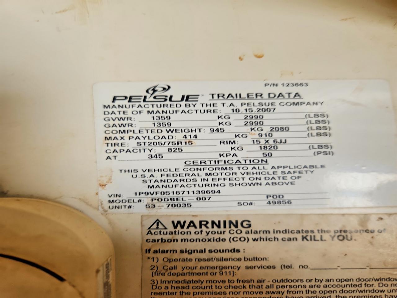 2007 PELSUE PODBEL-007 FIBER OPTIC SPLICING TRAILER VIN 1P9VF051671139694 photo 10