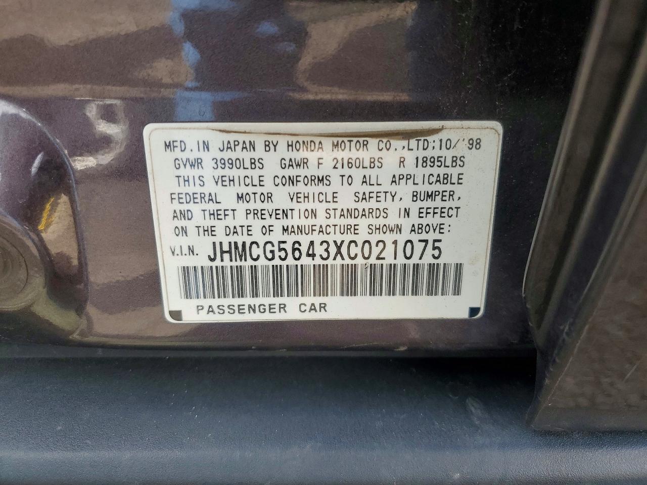 1999 HONDA Accord VIN JHMCG5643XC021075 photo 12