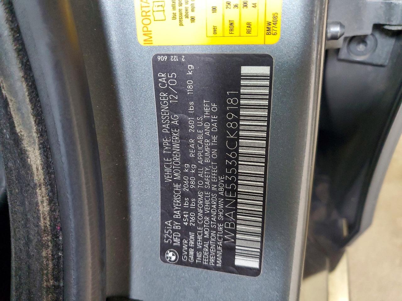 2006 BMW 5 series VIN WBANE53536CK89181 photo 12