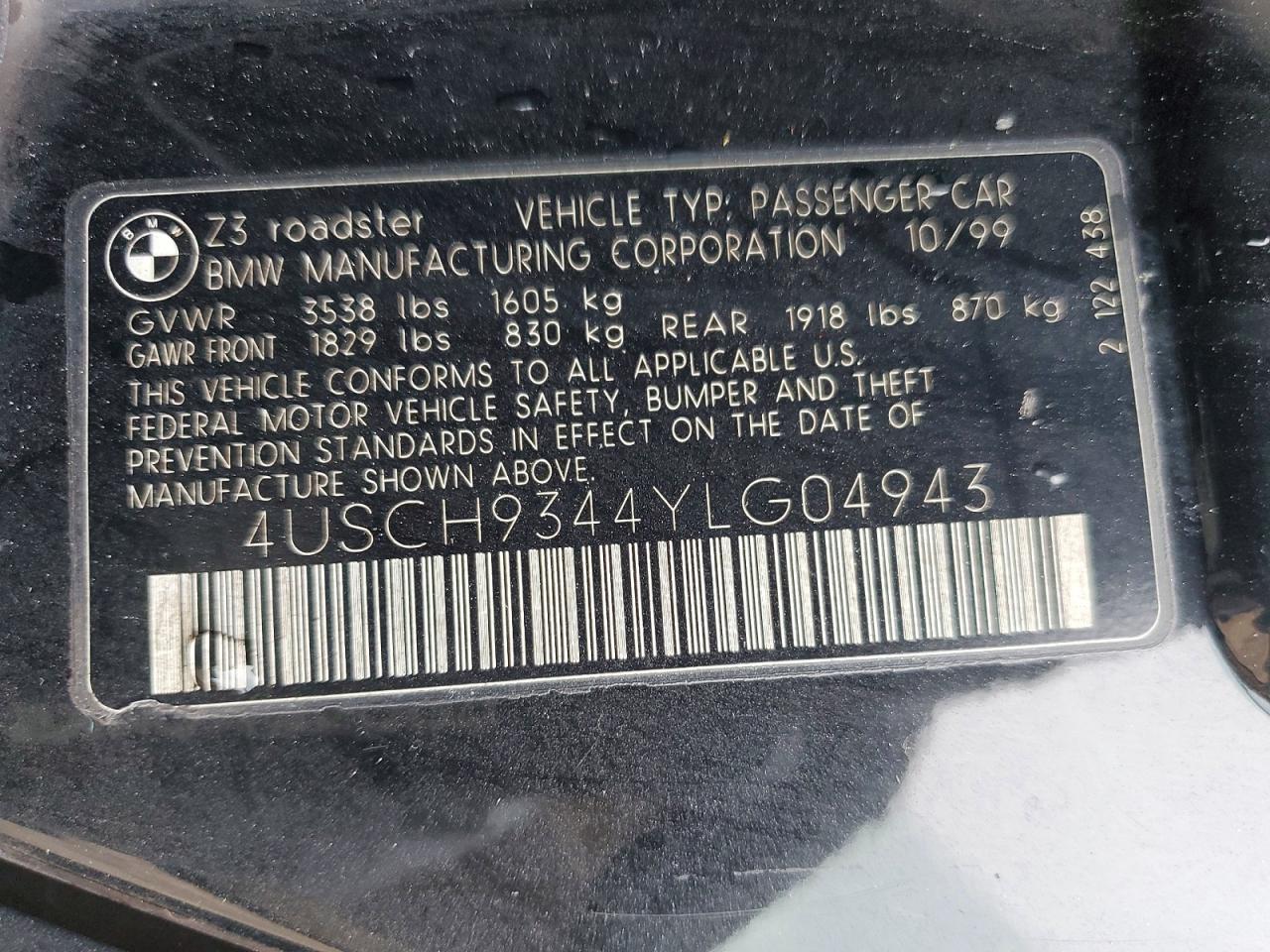 2000 BMW Z3 VIN 4USCH9344YLG04943 photo 12